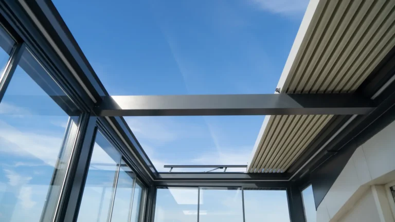 Moderner Wintergarten mit Glasdach und Metallträgern unter blauem Himmel